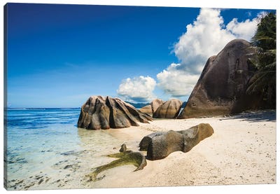 Beach With Granite Rocks, La Digue Island, Seychelles Canvas Art Print - Seychelles