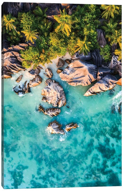 Rocky Coastline And Ocean, La Digue Island, Seychelles I Canvas Art Print - Aerial Beaches 