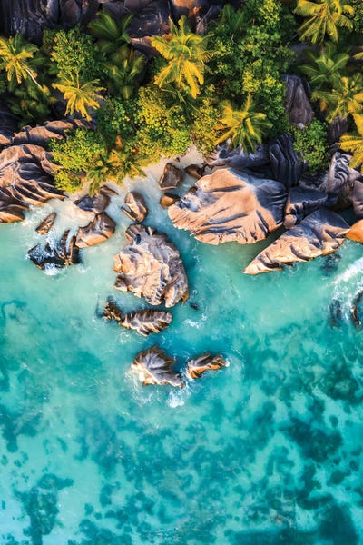 Aerial Beaches: Rocky Coastline And Ocean, La Digue Island, Seychelles I by Matteo Colombo