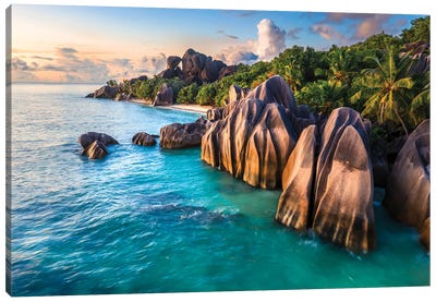 Sunset On The Tropical Island, La Digue, Seychelles I Canvas Art Print - La Digue