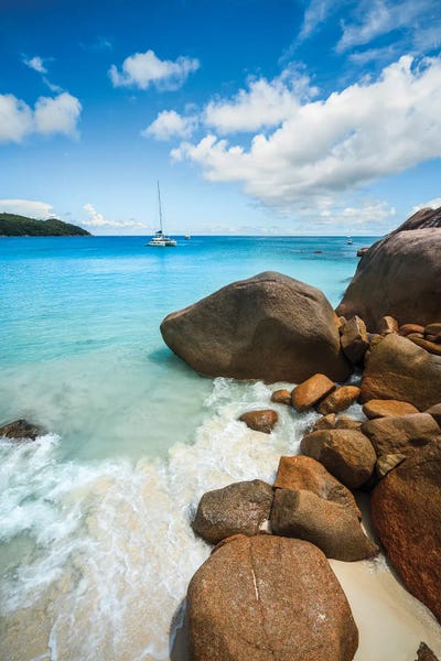Yacht In The Blue Ocean, Praslin Island, Seychelles by Matteo Colombo metal wall art
