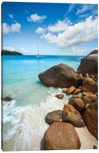 Yacht In The Blue Ocean, Praslin Island, Seychelles Canvas Art Print - Seychelles