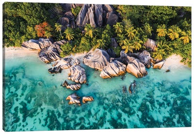 Aerial View Of Anse Source D'Argent Beach, Seychelles Canvas Art Print - Seychelles