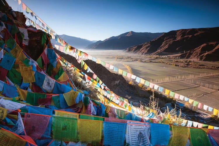 Tibetan Prayer Flags And Valley, Tibet