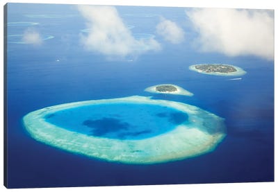 Islands In The Blue Indian Ocean, Maldives Canvas Art Print - Tropical Beach Art