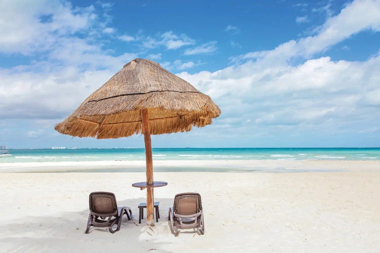 Sunshade And Chairs On The Beach, Cancun, Mexico