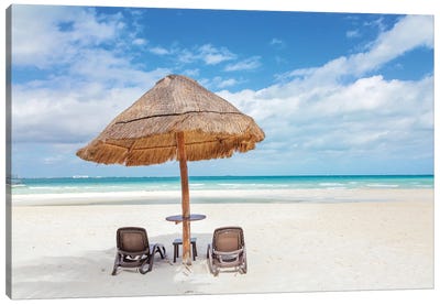 Sunshade And Chairs On The Beach, Cancun, Mexico Canvas Art Print - Mexico Art