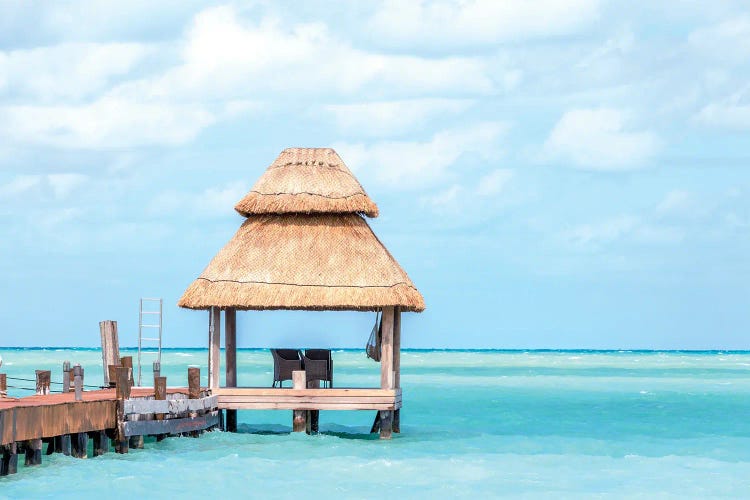 Palapa On The Blue Caribbean Sea, Cancun, Mexico