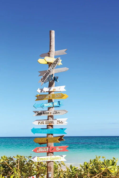 Distance Signs On The Beach, Tulum, Mexico