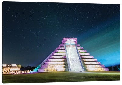 El Castillo Temple At Night, Chichen Itza, Mexico Canvas Art Print - Pyramid Art