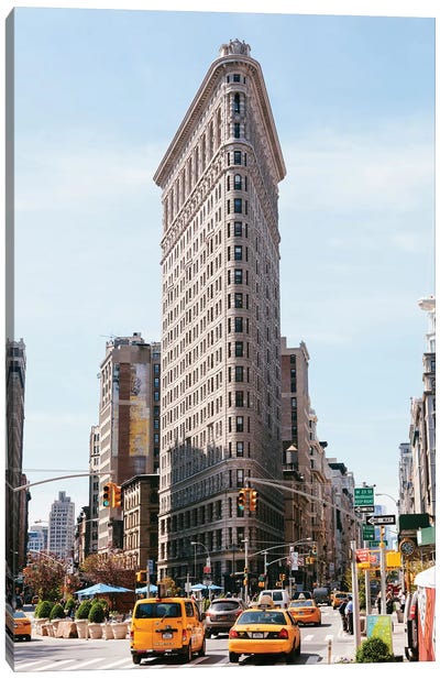 Yellow Cabs And Flatiron Building, New York City Canvas Art Print - Famous Buildings & Towers