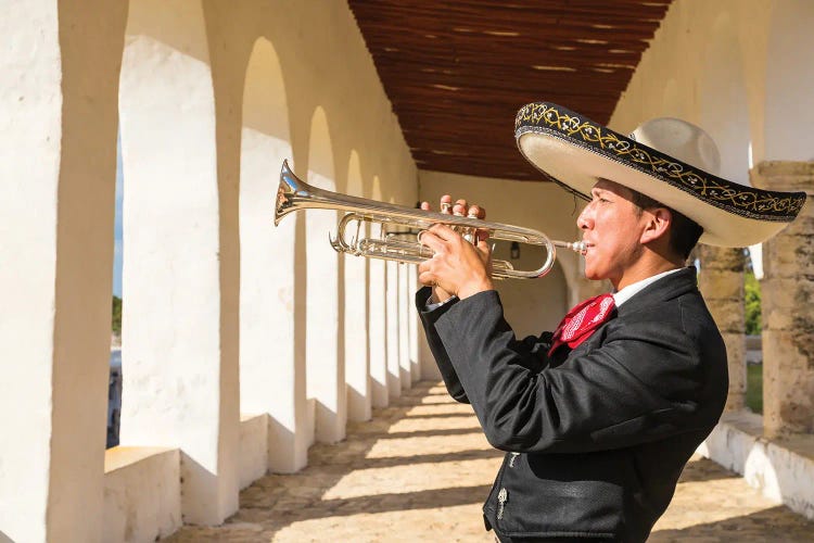 Mariachi Man Playing Trumpet, Yucatan, Mexico