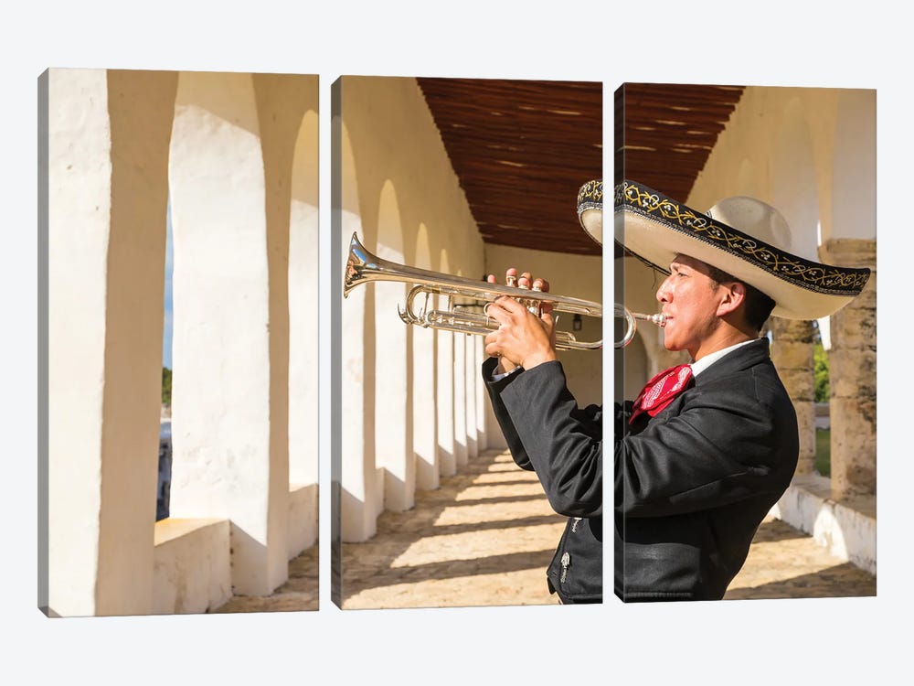 Mariachi Man Playing Trumpet, Yucatan, Mexico by Matteo Colombo 3-piece Canvas Art Print