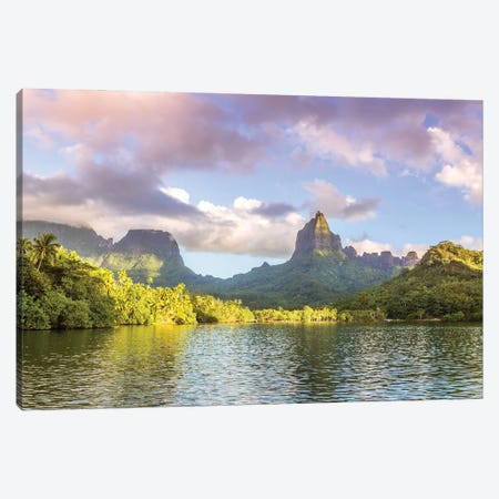 Bay And Mountains At Sunset, Moorea Island, French Polynesia Canvas Print #TEO1806} by Matteo Colombo Canvas Wall Art