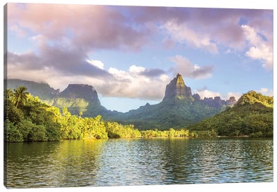 Bay And Mountains At Sunset, Moorea Island, French Polynesia Canvas Art Print - Island Art