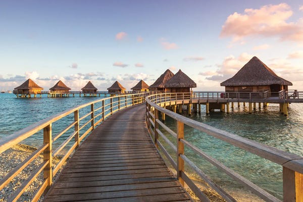 Sunset Over The Bungalows, Rangiroa, French Polynesia