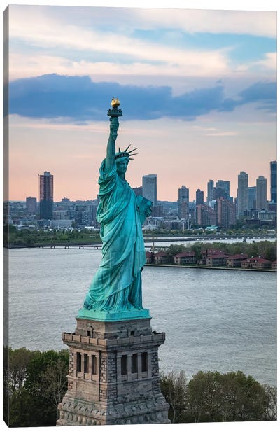 Aerial Of The Statue Of Liberty At Sunset, New York City Canvas Art Print - Aerial Photography