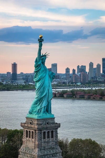 Aerial Of The Statue Of Liberty At Sunset, New York City