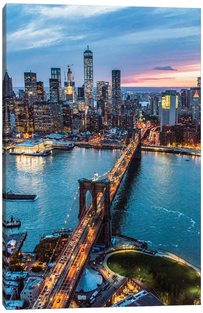 New York City Skyline And Brooklyn Bridge At Night Canvas Art Print - Urban Scenic Photography