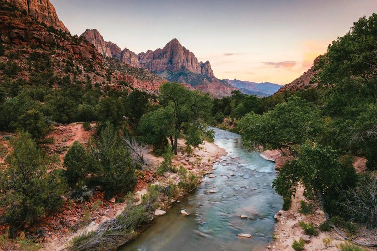 Sunset Over Virgin River And The Watchman, Zion National Park