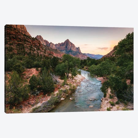 Sunset Over Virgin River And The Watchman, Zion National Park Canvas Print #TEO1889} by Matteo Colombo Canvas Art Print