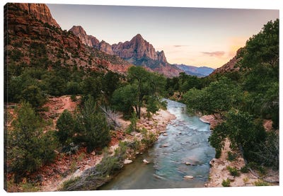 Sunset Over Virgin River And The Watchman, Zion National Park Canvas Art Print - Utah Art