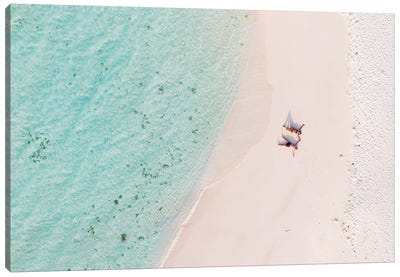 Aerial View Of Couple On A Sandy Beach, Maldives Canvas Art Print - Aerial Photography