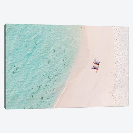 Aerial View Of Couple On A Sandy Beach, Maldives Canvas Print #TEO1915} by Matteo Colombo Canvas Wall Art