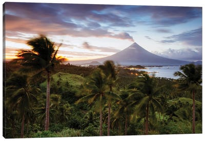 Mayon Volcano And Valley At Sunset, Albay, Philippines Canvas Art Print - Volcano Art