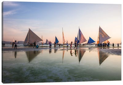 Sailboats At Sunset, Boracay Island, Philippines Canvas Art Print - Harbor & Port Art