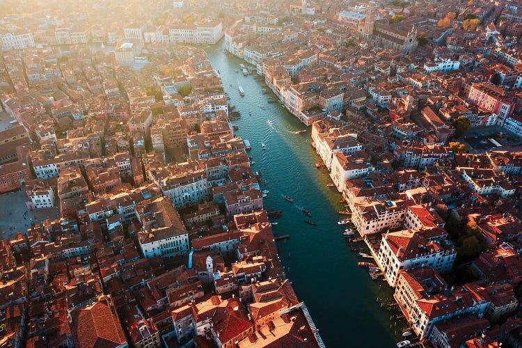 Aerial Sunset Over The Grand Canal, Venice, Italy