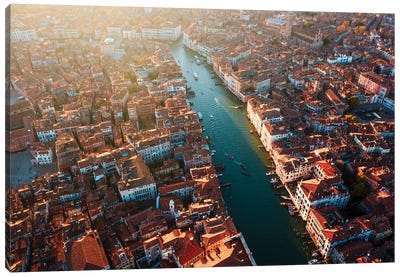 Aerial Sunset Over The Grand Canal, Venice, Italy Canvas Art Print - Urban River, Lake & Waterfront Art