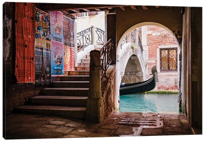 Narrow Street And Gondola, Venice, Italy Canvas Art Print - Urban River, Lake & Waterfront Art
