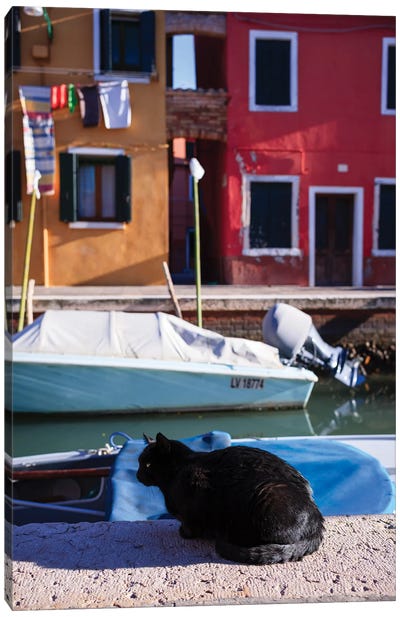 Black Cat Near The Canal, Burano Island, Venice, Italy Canvas Art Print - Urban River, Lake & Waterfront Art