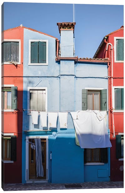 Red And Blue Houses In Burano Island, Venice, Italy II Canvas Art Print - Urban River, Lake & Waterfront Art