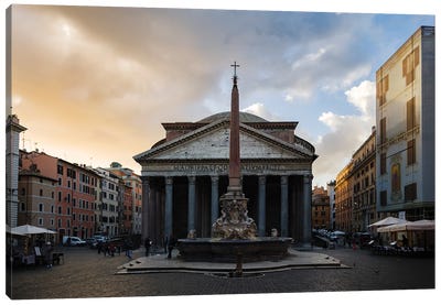 The Pantheon At Sunrise, Rome, Italy Canvas Art Print - Fountain Art