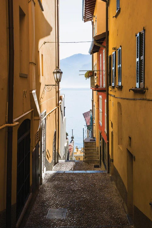 Yellow Street Leading To Lake Como, Varenna, Italy