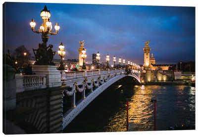 Alexandre III Bridge At Night, Paris, France Canvas Art Print - Paris Photography