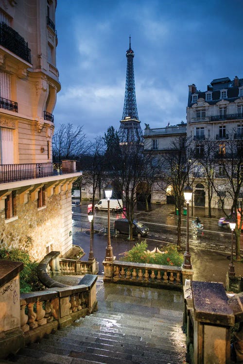 Staircase And Eiffel Tower At Night, Paris, France