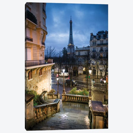 Staircase And Eiffel Tower At Night, Paris, France Canvas Print #TEO2046} by Matteo Colombo Canvas Wall Art