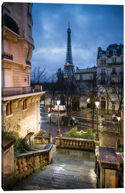 Staircase And Eiffel Tower At Night, Paris, France Canvas Art Print - Paris Photography
