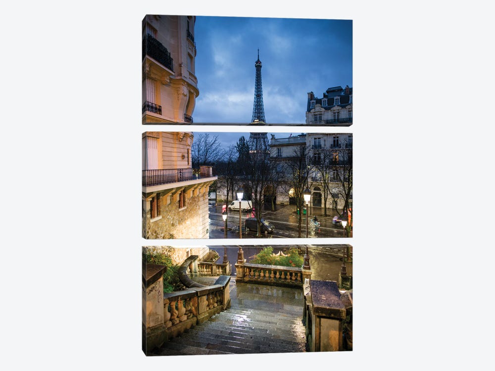 Staircase And Eiffel Tower At Night, Paris, France by Matteo Colombo 3-piece Canvas Print