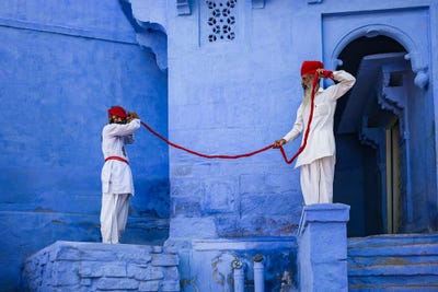 Indian Men At The Blue City, Jodhpur, Rajasthan, India II by Matteo Colombo canvas print