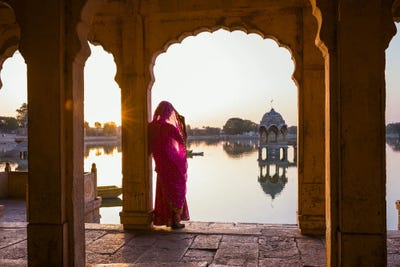 Indian Woman With Sari At Gadisar Lake, Jaisalmer, India by Matteo Colombo canvas print