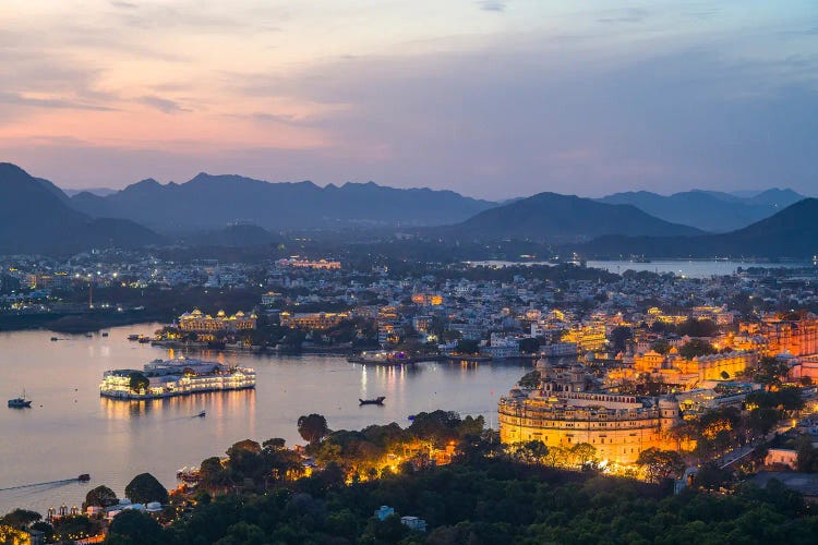 Old City And Lake At Dusk, Udaipur, Rajasthan, India