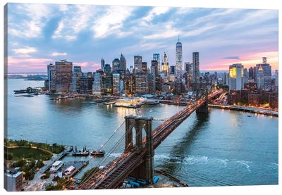 Brooklyn Bridge And Lower Manhattan Skyline, New York City, New York, USA Canvas Art Print - Photography Art