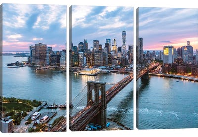 Brooklyn Bridge And Lower Manhattan Skyline, New York City, New York, USA Canvas Art Print - 3-Piece Urban Art