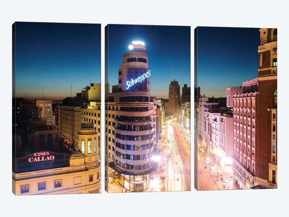 Gran Via At Night, Madrid, Spain by Matteo Colombo 3-piece Canvas Print