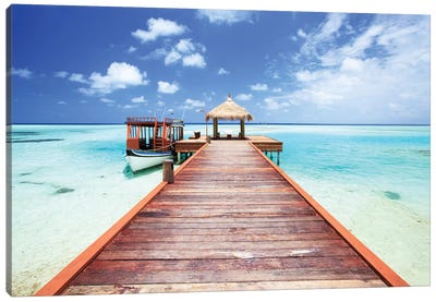 Pier To Tropical Sea In The Maldives Canvas Art Print - Maldives