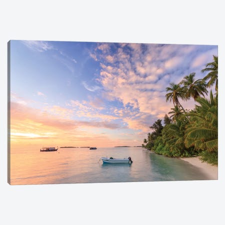 Sunrise Over Beach In The Maldives Canvas Print #TEO256} by Matteo Colombo Canvas Wall Art